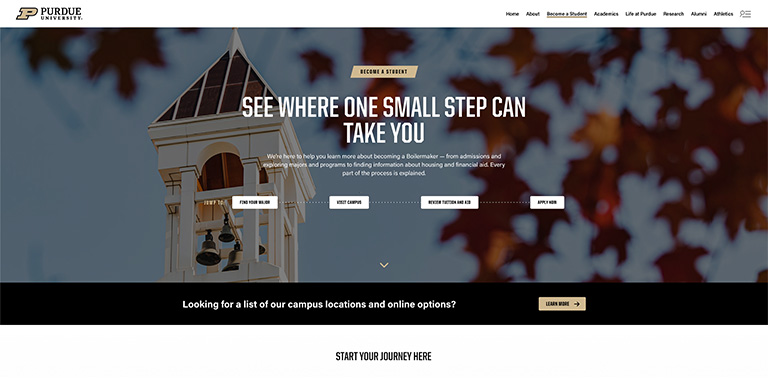WordPress theme template preview showcasing purdue.edu become a student page.