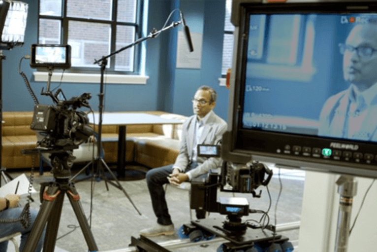 A man being interviewed by Purdue Brand Studio Productions.